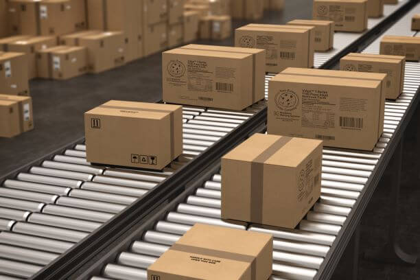 Corrugated cardboard box cases on a conveyor. The boxes are marked in black ink with various graphics, barcodes, and text to make on-demand case printing, carton marking and case labeling for custom package boxes.