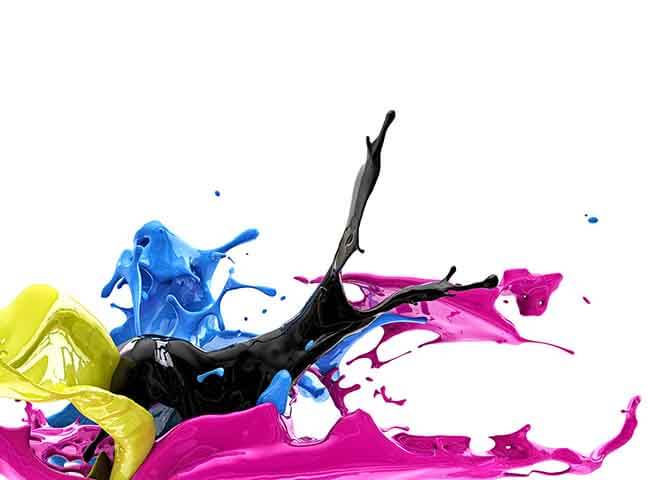 Ink color splash with red, yellow, blue and black colors. Industrial printer ink, industrial inkjet ink, and industrial printing ink.