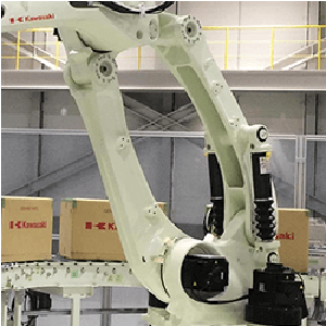 Robot arm on production line, sorting boxes on a conveyor.