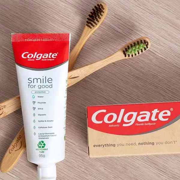 Colgate recyclable toothpaste, tooth brushes and packaging. 