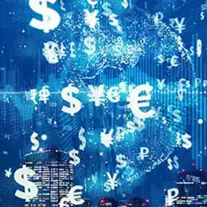 Abstract image with white currency symbols floating above a blue high-tech background.
