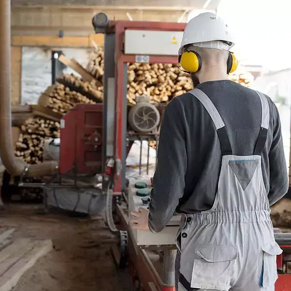 Wood worker in a factory running equipment