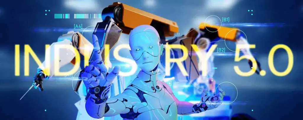 Industry 5.0 hero image with modern robots and industry 5.0 text on it.