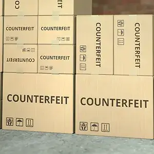 Boxes with counterfeit printed on them