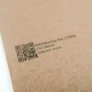 QR code and variable text printed on cardboard packaging using the CT1000 thermal inkjet printer.