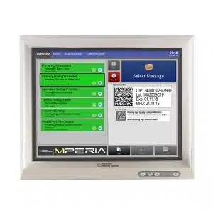 Front view of the MPERIA 12-inch enclosed touchscreen controller displaying the operator interface for managing industrial marking, coding, and labeling systems in production environments.