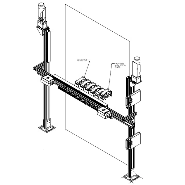 CAD drawing of a custom L-Series mounting system with dual vertical supports, horizontal rail assembly, and multiple printheads configured across a production line.