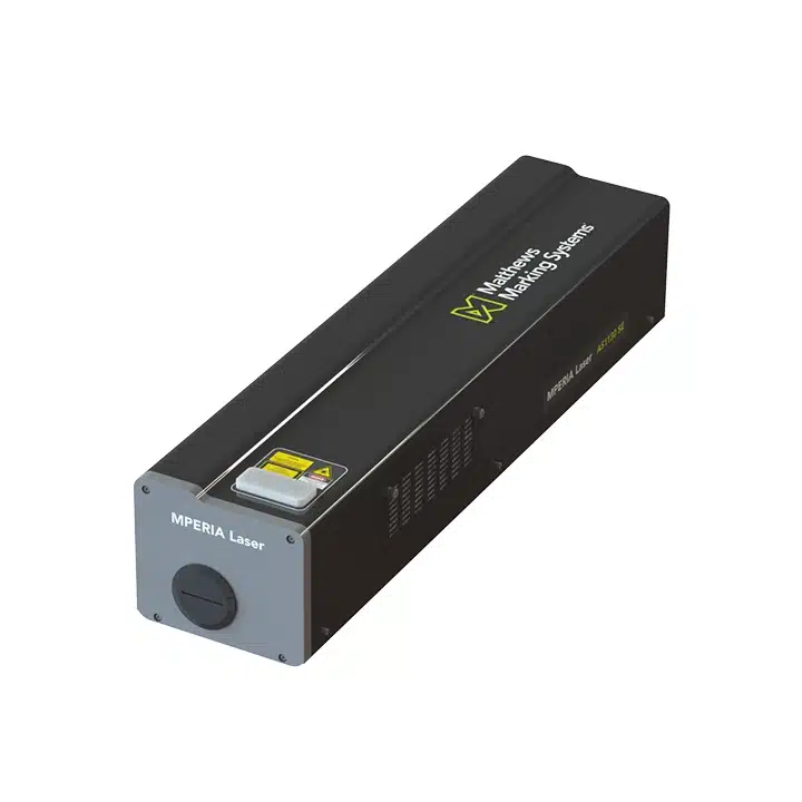 MPERIA CO2 80W laser marking system shown in an angled product view for permanent coding and marking applications.