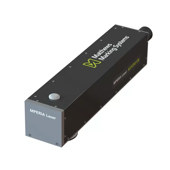 Angled view of the MPERIA 100W fiber laser marking system for high-speed permanent marking on metal and plastic parts.