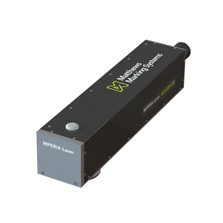MPERIA 50W fiber laser marking system shown in an angled product view for permanent industrial marking applications.