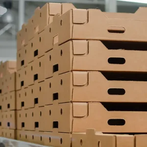 Stack of brown product cases.