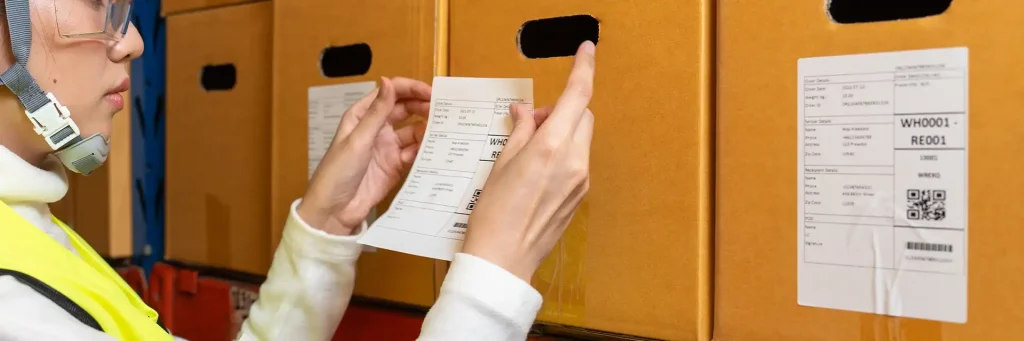 Warehouse worker placing adhesive labels onto packaged boxes