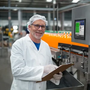 Portrait of smiling factory engineer maintaining record on clipboard in drinks production plant