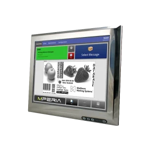 MPERIA HE (harsh environment) controller with fruit images and codes on the screen.