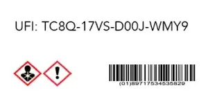 UFI code with hazard symbols and barcode