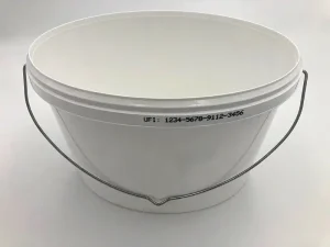White plastic bucket marked with a clearly printed UFI code.