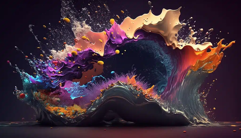 Abstract waves of colorful ink splashing against a dark background.