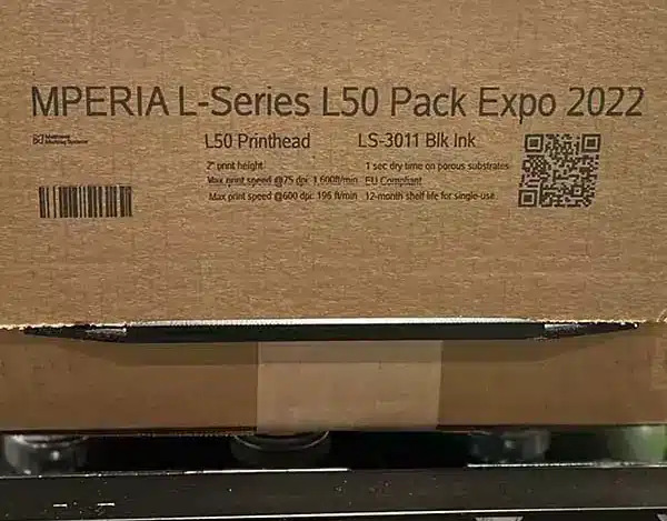 MPERIA L-Series L50 printing text, barcode, and QR code on corrugated carton