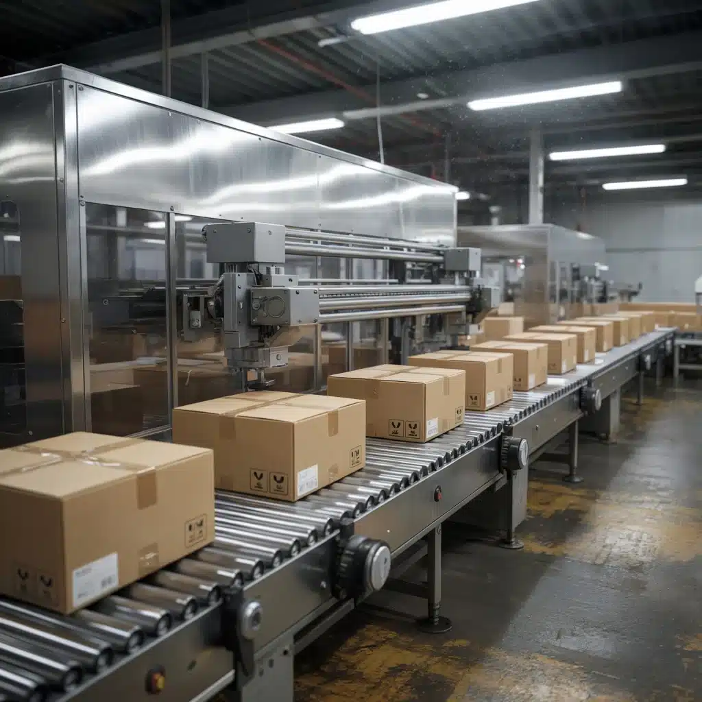 Automated production line moving labeled cardboard boxes through an industrial packaging facility.