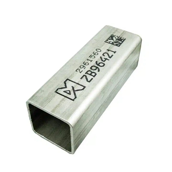 V-series marked stainless steel tube with a Data Matrix code and permanent identification for industrial traceability.