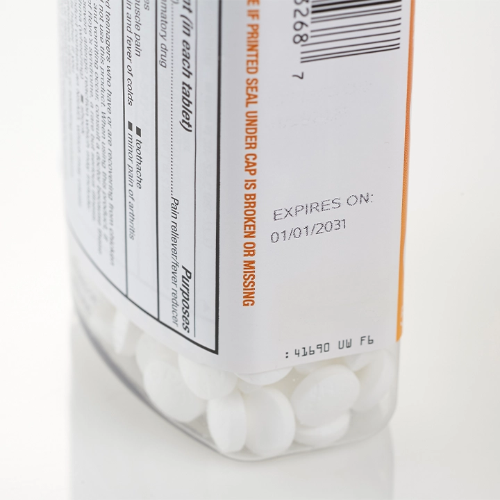 Expiration date code printed on a pharmaceutical bottle label for product identification and traceability.