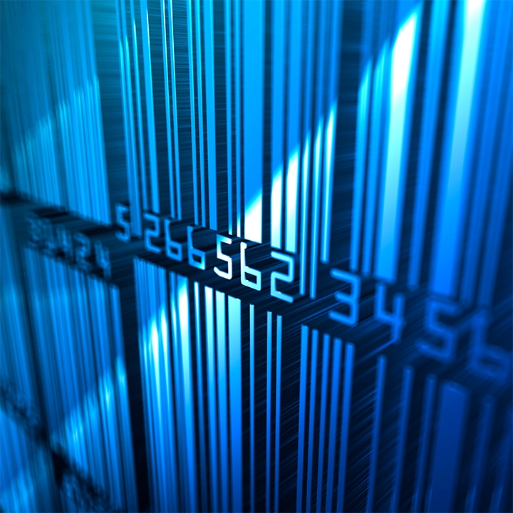 Digital barcode graphic illustrating product traceability, serialization, and end-to-end supply chain tracking.