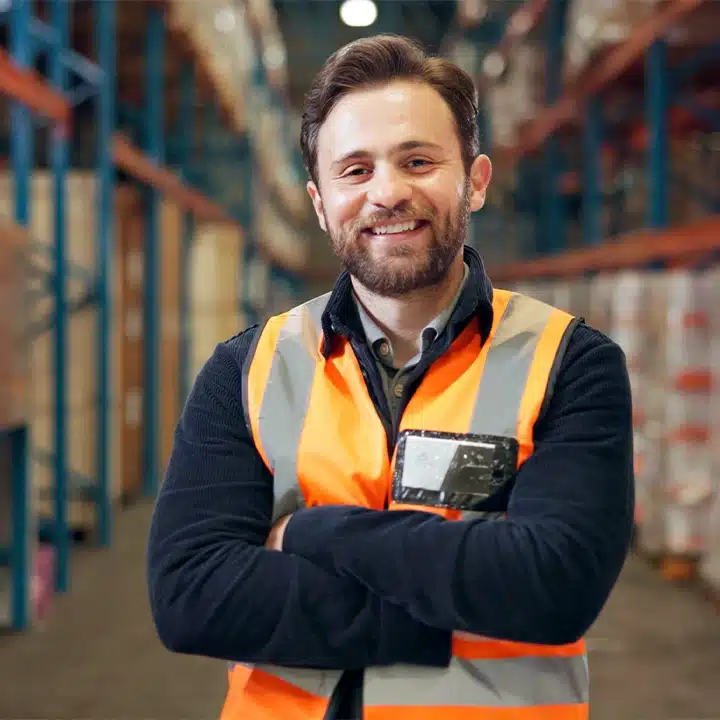 Industrial service technician supporting equipment repairs and return services in a warehouse environment.