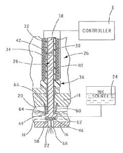 Valvejet printhead cross-section showing ink flow and controller connections