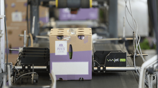 Pete's Living Greens Case on Production Line with L-Series printers marking two sides of the box at once.