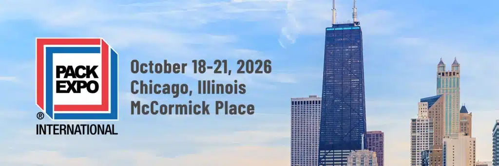PACK EXPO International 2026 event details displayed alongside the Chicago skyline, October 18–21 at McCormick Place.