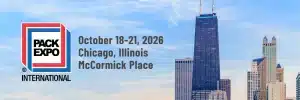PACK EXPO International 2026 event details displayed alongside the Chicago skyline, October 18–21 at McCormick Place.