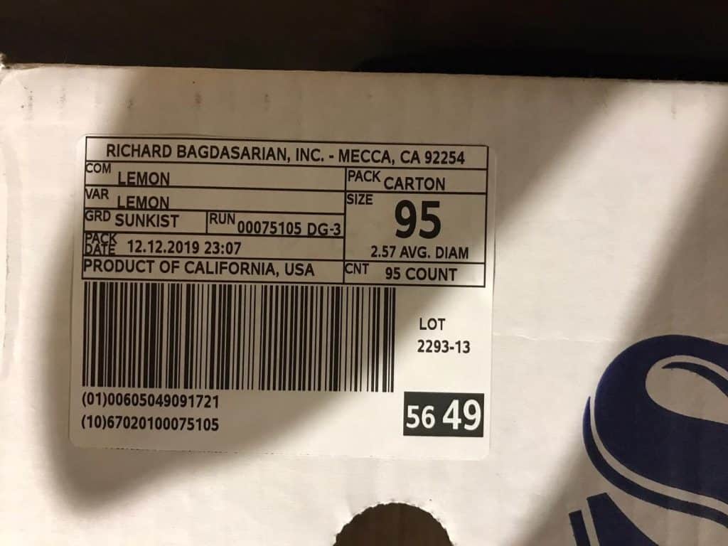 Richard Bagdasarian, Inc. printed label on a box of lemons.