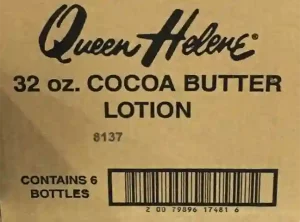 Cocoa butter lotion carton with product text and barcode