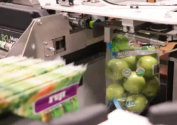 Bagged apples moving through an automated packaging line