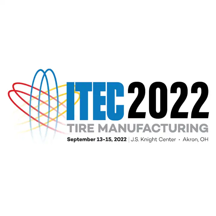 ITEC 2022 Tire Manufacturing conference logo with event dates and Akron, Ohio location.
