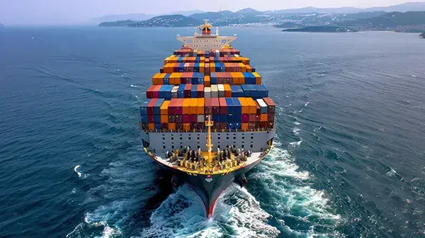 Cargo ship transporting containers across the ocean