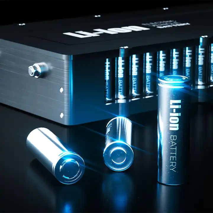 Lithium-ion battery cells displayed beside battery manufacturing equipment.