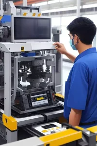 Manufacturing worker operating automated production equipment