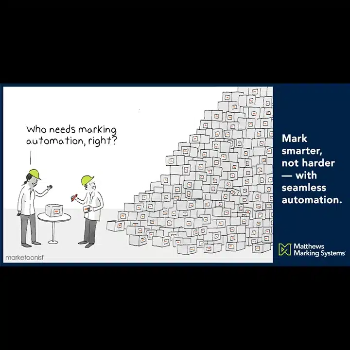 Cartoon illustrating how manual product marking creates production bottlenecks that industrial marking automation helps eliminate.