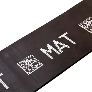 White QR codes and "MAT" text printed on a black rubber strip for product identification.