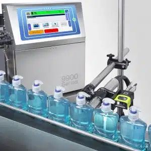 Linx 9000 series printer marking liquid hand soap dispenser bottles on a production line.