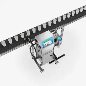 Overhead render of a Linx 9000 series labeling cups on a production line.