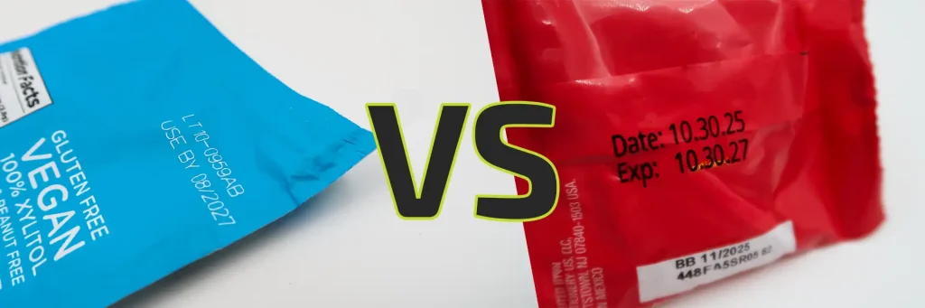 Side-by-side comparison of laser marking on blue packaging and inkjet date coding on red packaging, separated by a VS graphic.