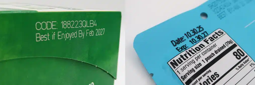 Side-by-side comparison of laser and inkjet marking on product packaging, showing a white best-by date and product code on a green carton and black expiration dates on blue packaging.