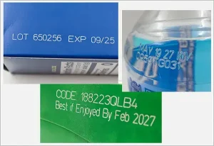 Examples of laser-marked lot numbers, expiration dates, and product identification codes on blue cartons, plastic bottles, and green packaging.