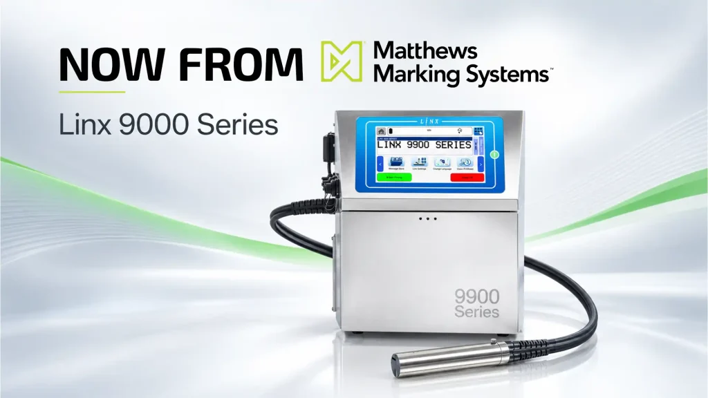 Linx 9900 Series industrial inkjet printer with printhead, featured beside “Now from Matthews Marking Systems” branding.