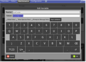 MPERIA controller interface showing lot code variable creation with options for global values, operator prompts, and input validation.