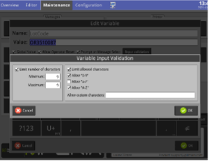 MPERIA controller input validation screen showing character limits and permitted character types for lot code formatting.