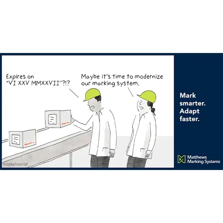 Cartoon of two factory workers discussing outdated date codes on product packaging and the need to modernize their industrial marking and coding system.
