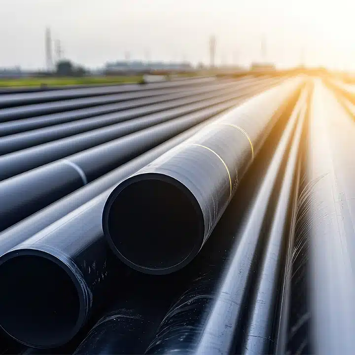 Large black plastic pipes stacked in rows outdoors, highlighting industrial pipe manufacturing and materials used in marking and coding applications.